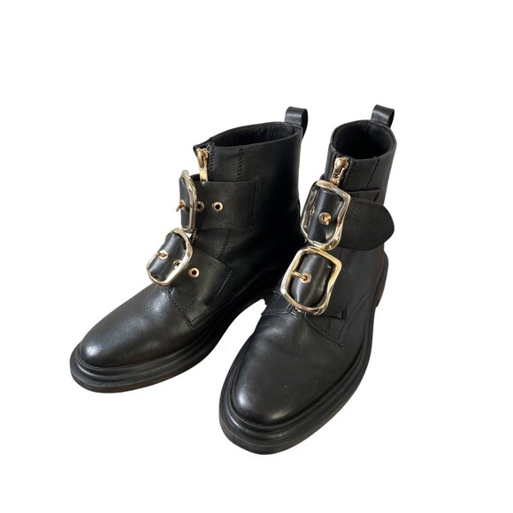 ASOS Black Leather Gold Metal Double Buckle Ankle Biker Boot US Size 6 UK Size 4 - Picture 8 of 14